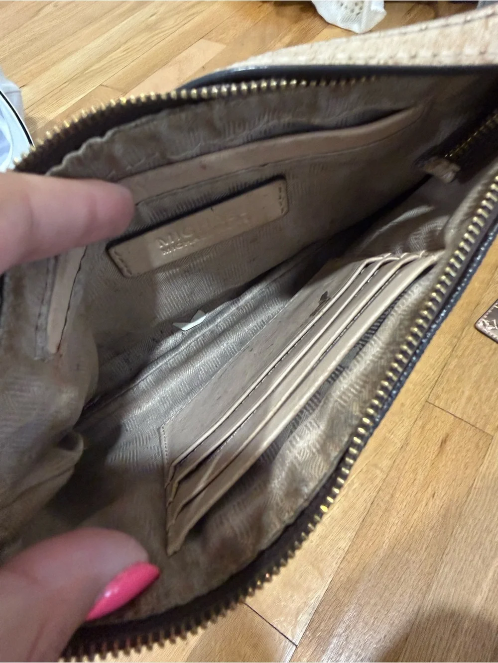 Michael Kors Dark Brown Signature Canvas Wristlet with Gold Hardware